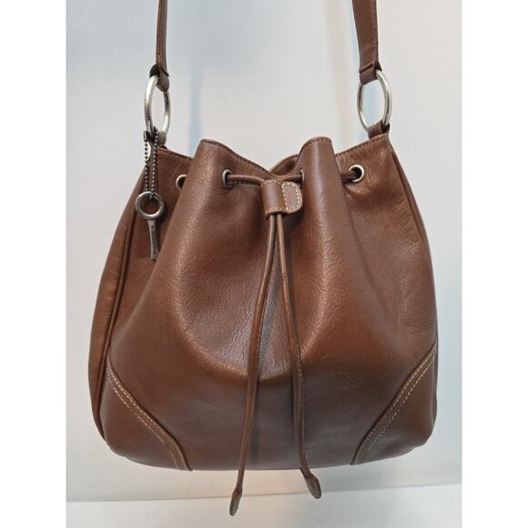 Vintage FOSSIL Brown British Tan Leather Shoulder Drawstring Bucket Bag - Picture 2 of 14